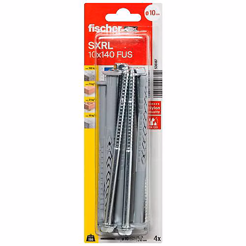 Cheville longue fischer SXRL 10 × 140 FUS K NV – kit 4 chevilles + 4 vis 7, 0 × 149 mm