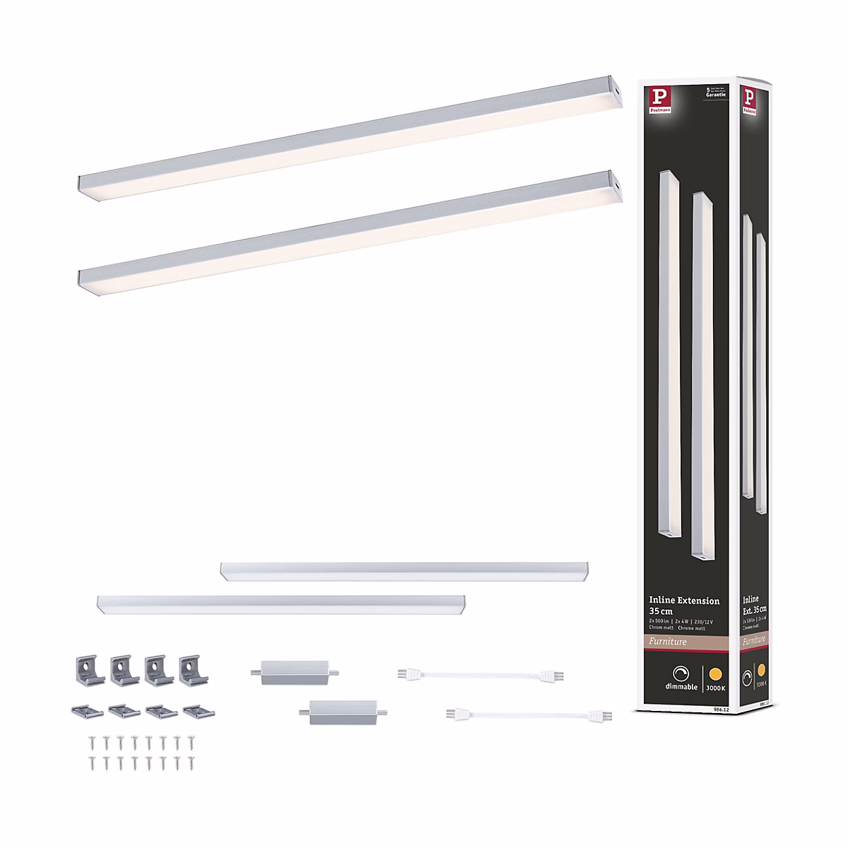 Éclairage sous-meubles LED Inline Kit d'extension 3000K gradable 2 × 4W 350 × 26 mm 2 × 350lm 24V Chrome mat