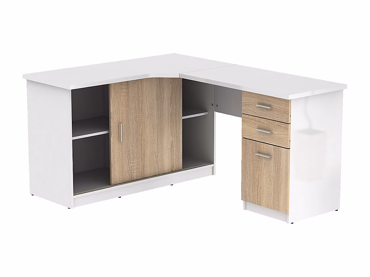 Bureau d'angle NORWY – 2 portes & 2 tiroirs, Blanc et chêne