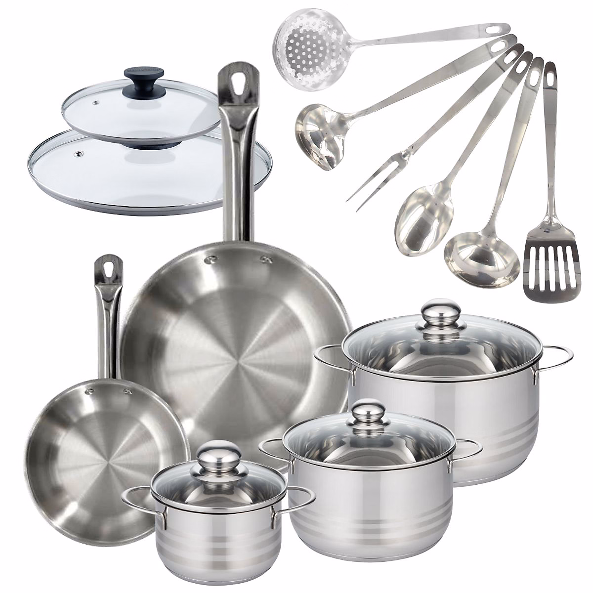 Batterie de cuisine 2 poêles 20/28 cm et couvercles – 3 faitouts 16/20/24 cm et 6 ustensiles Fackelmann Eterna
