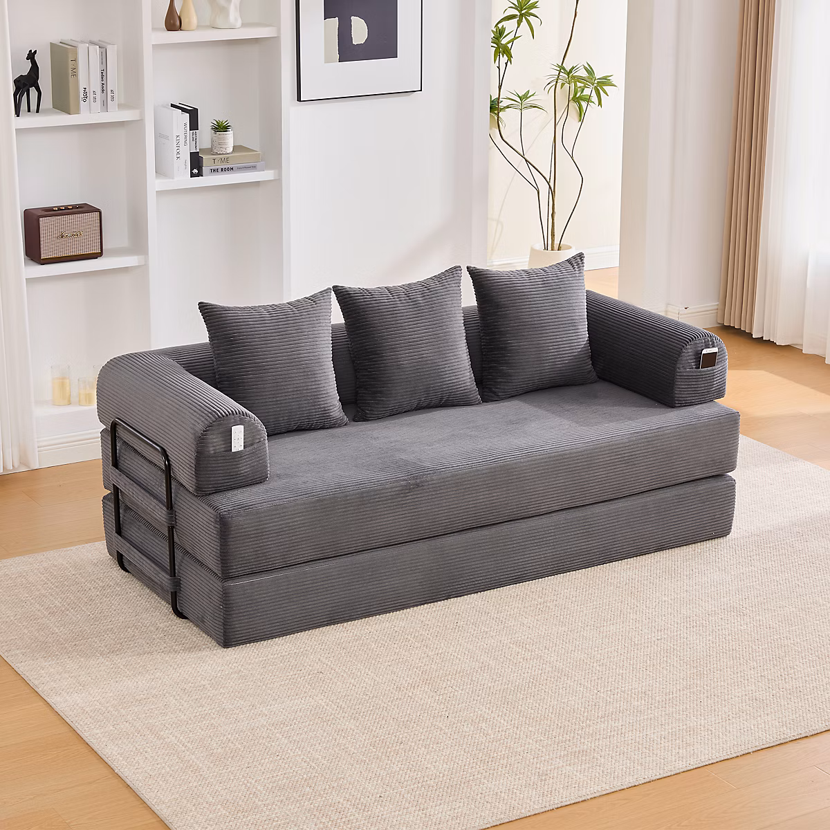 Canapé Convertible 3 Places Pliant avec 3 Coussins et Poche Latérale – Velours Côtelé et Mousse | Gris Foncé