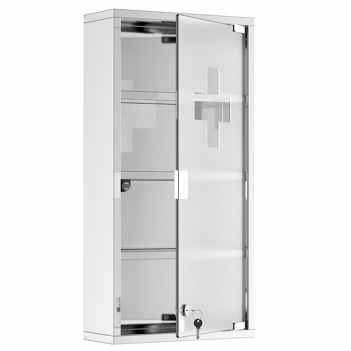 Armoire à pharmacie 3 étagères 4 niveaux 30L x 12l x 60H cm porte verre trempé symbole croix acier inoxydable brossé – Réf. MMLKIIRAP4851569301
