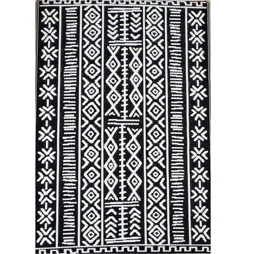 Tapis d'extérieur en polypropylène recyclé noir et crème Ethnique