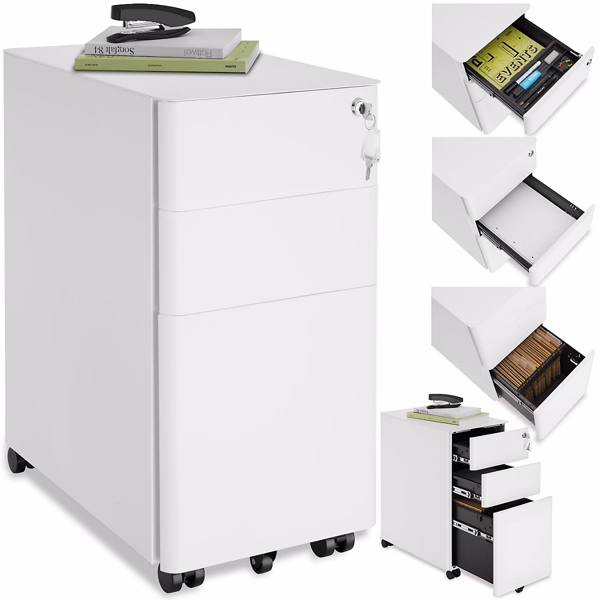 Rangement bureau – Caisson de bureau à roulettes en acier laqué époxy blanc