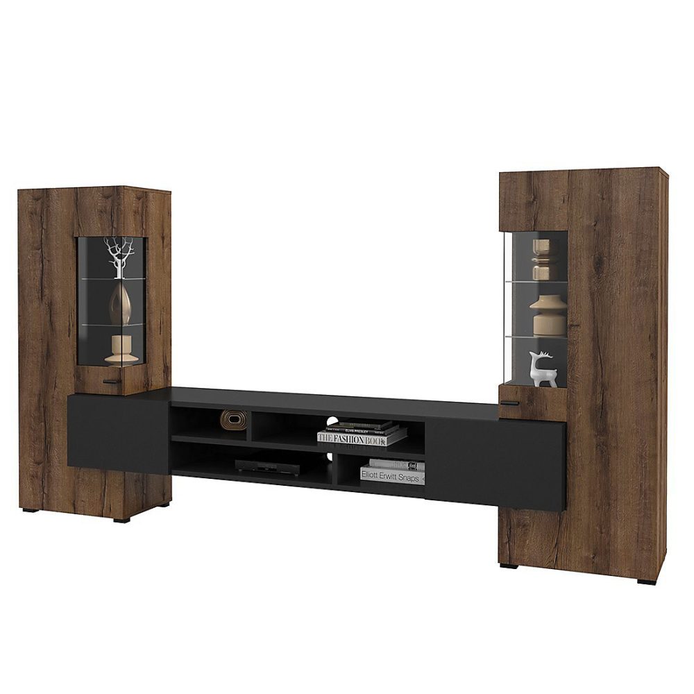Ensemble de 3 meubles de salon collection KOBEE. Couleur chene foncé et noir. | Meuble