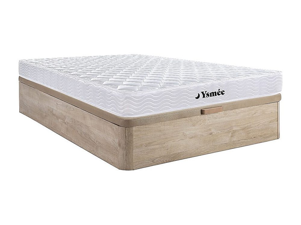 Ensemble 140 × 190 cm sommier coffre naturel clair + matelas ressorts et mémoire de forme ép.15cm – WOLKENLOS de YSMÉE