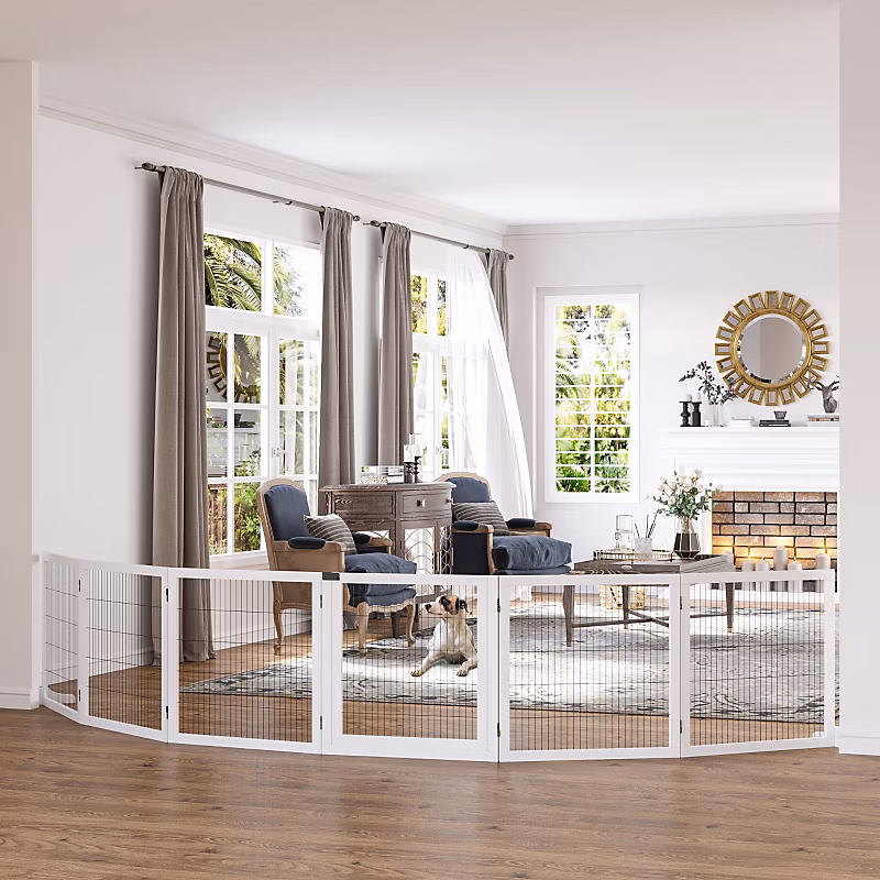 Barrière pour chien pliable 432 × 70 cm en pin blanc avec pieds de stabilité