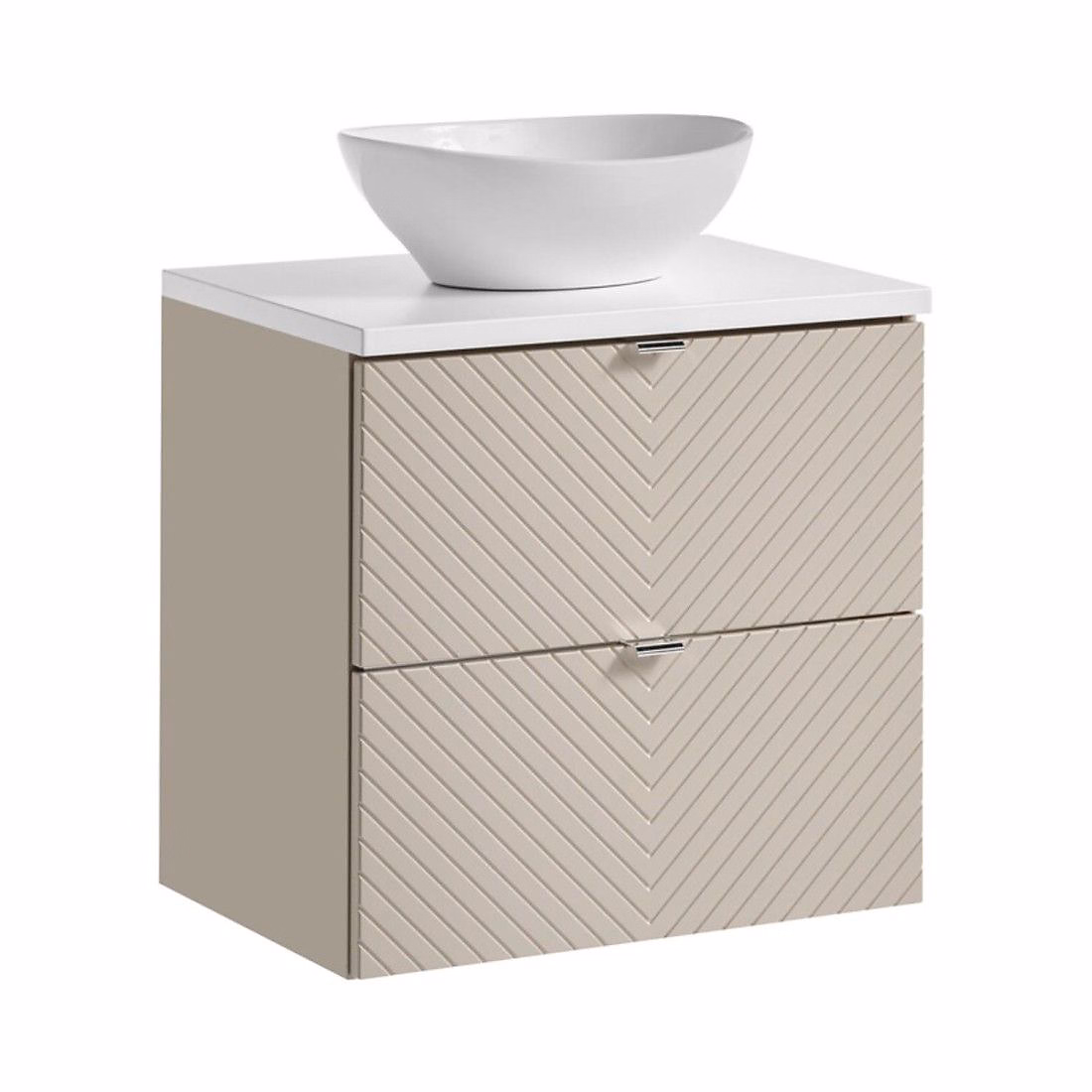Meuble vasque – Ensemble de salle de bain AOKI : meuble sous vasque à tiroirs 60cm et plan vasque blanc et vasque blanche ronde à poser