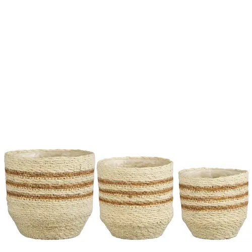 Panier rond en zostère coloris blanc rayé marron Lena - Ø 14 x H 14 cm