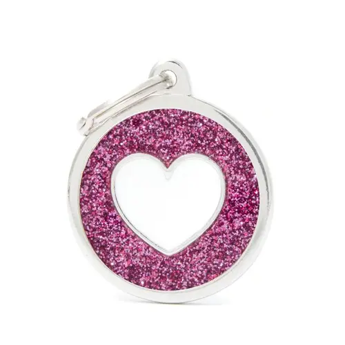 Médaille à graver pour chien coloris rose pailleté grand cercle avec un cœur blanc Myfamily Shine
