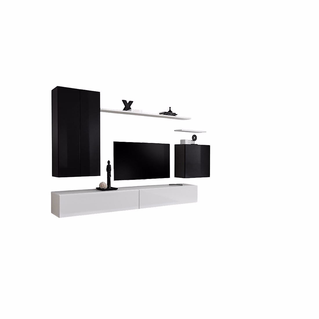 Composition murale SWITCH II Noir et blanc brillant Double meuble TV – armoires suspendues et étagères Design moderne
