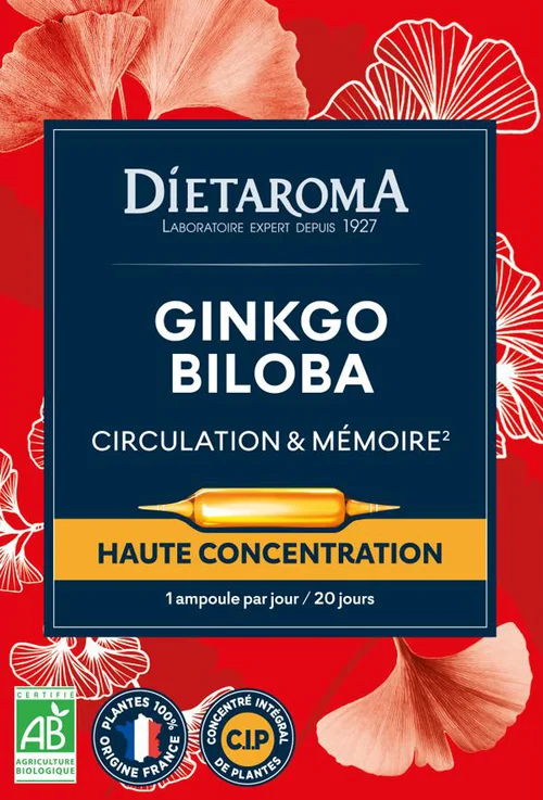 Complément alimentaire ginkgo biloba CIP bio Dietaroma circulation et mémoire - 20 ampoules x 10 ml