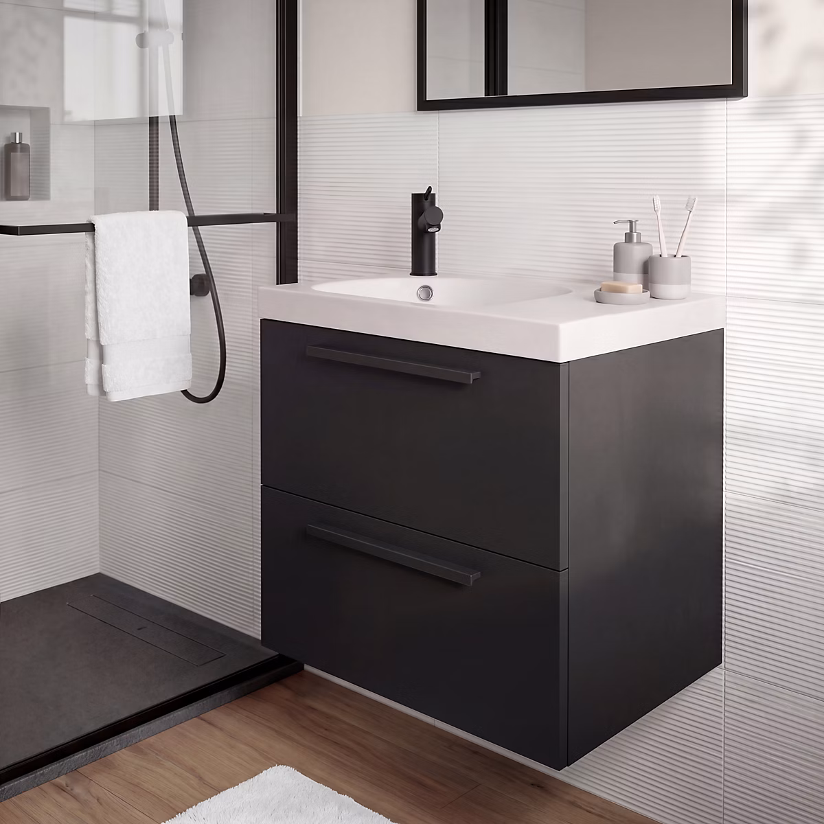 Meuble sous vasque suspendu noir l.60 cm 2 tiroirs Imandra + plan vasque blanc résine Maza – GoodHome