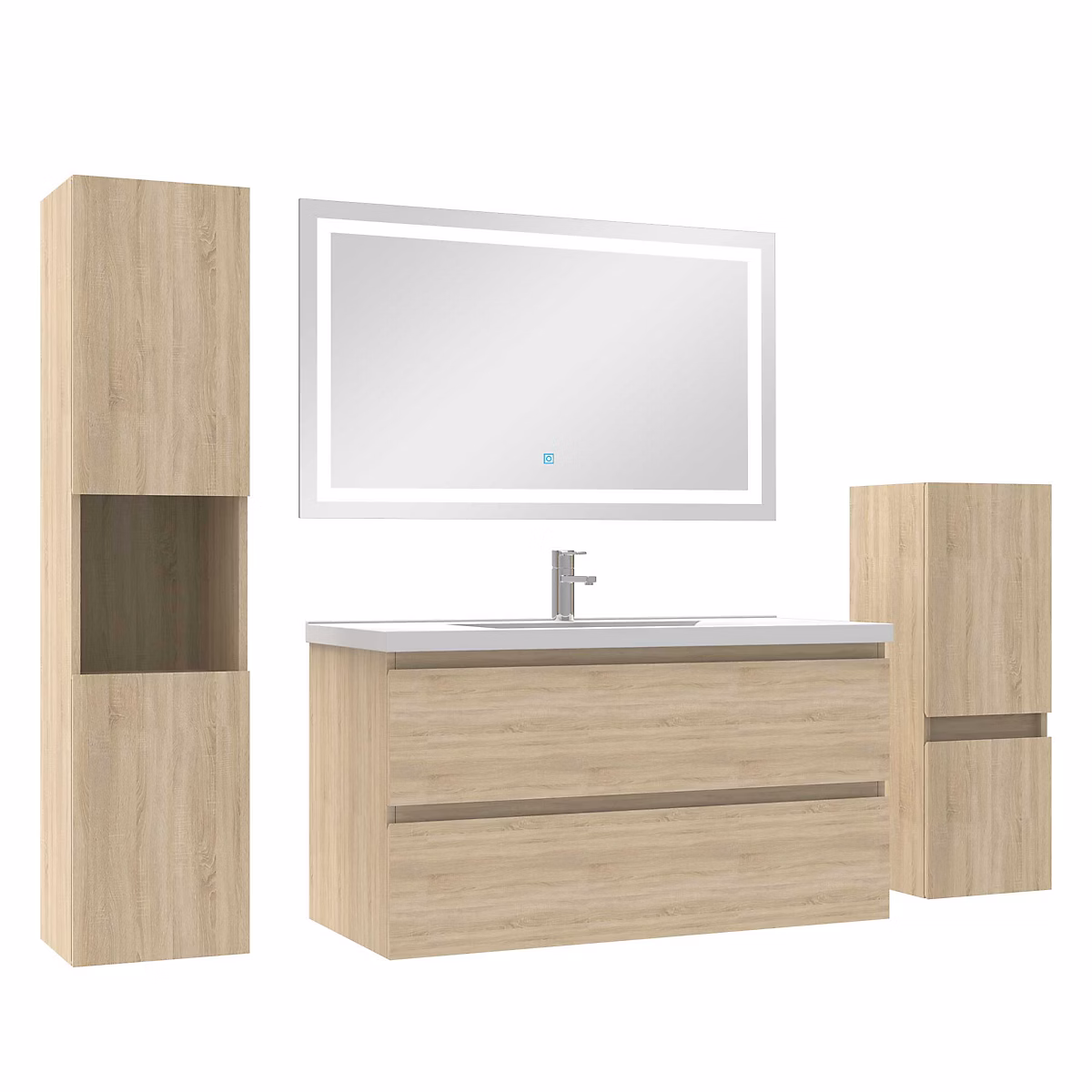 Ensemble meuble de salle de bains – Ensemble meubles Salle de Bain 100cm simple vasque + colonne + miroir LED Chêne Wotan
