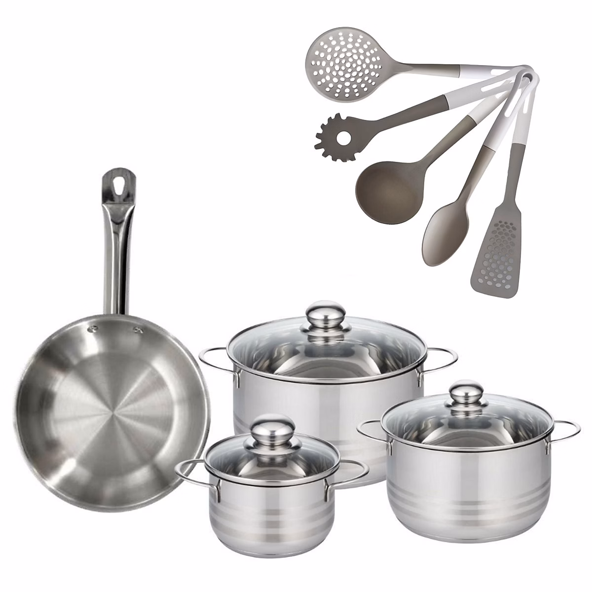Batterie de cuisine avec 3 faitouts 16/20/24 cm et 1 poêle 24 cm avec 5 ustensiles de cuisine Fackelmann Etherna Brillant Vario – Réf. NLDVNJPNF8559874283
