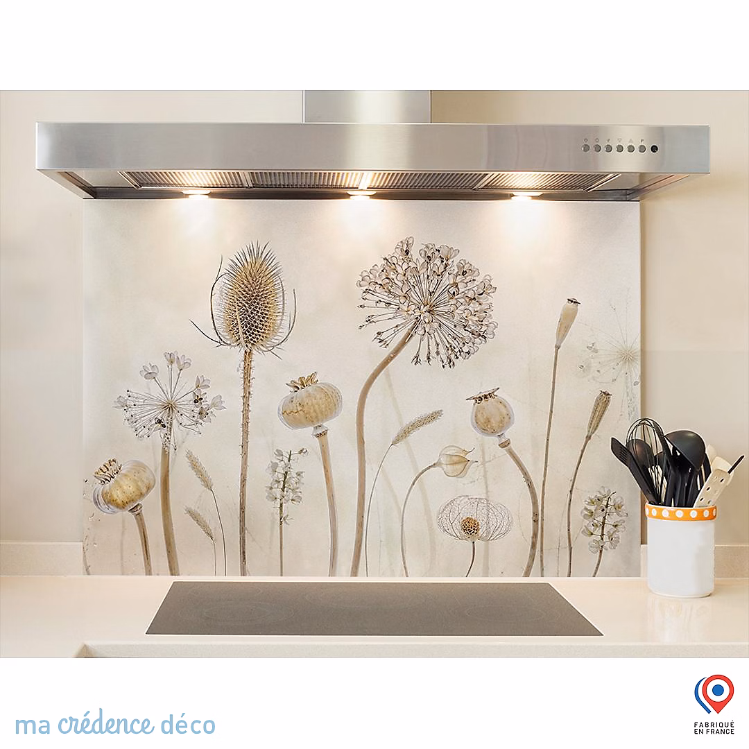 Crédence cuisine fond de hotte fleurs et pissenlits 3 – Verre trempé, L 60 cm x H 45 cm, MaCrédenceDéco