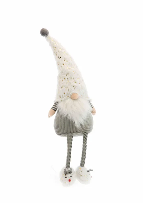 Gnome assis en tissu avec chaussons blancs et rennes - 20 x 14 x 67 cm