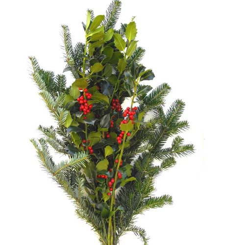 Bouquet de branches de sapin, houx et bouleau vert et rouge pour décoration de Noël - 50/60 cm