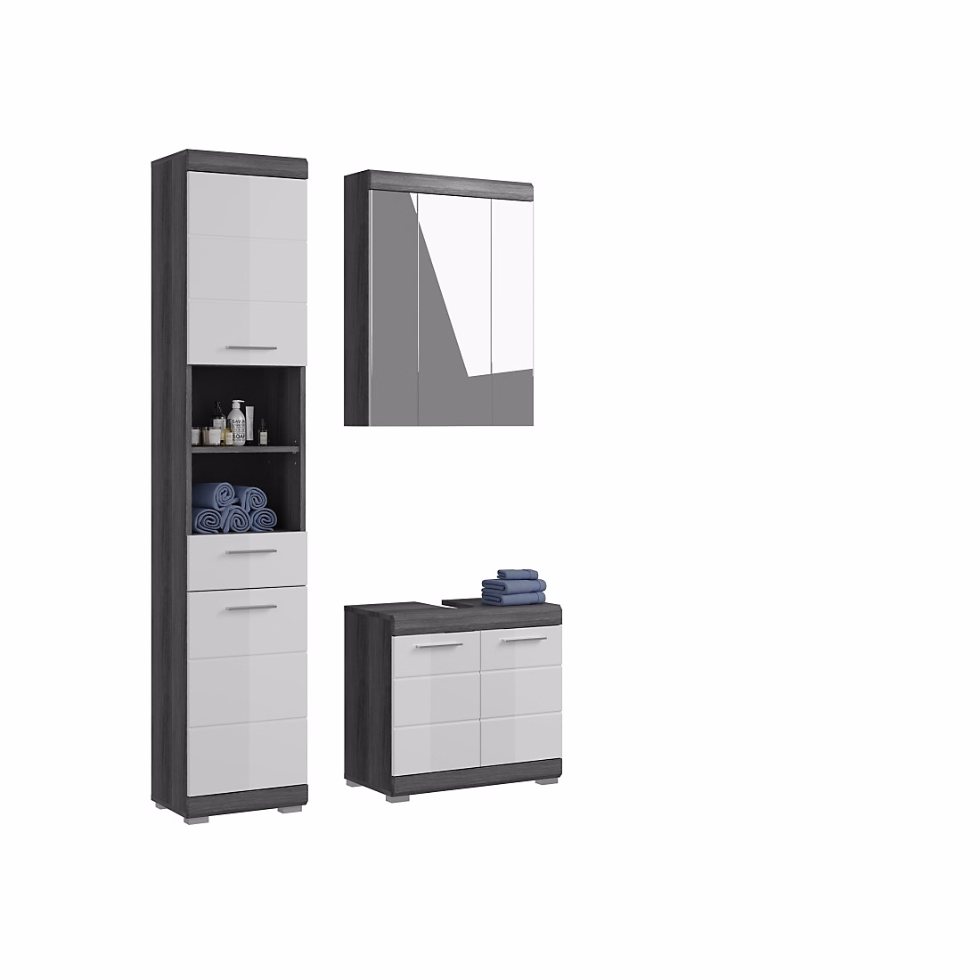 Ensemble salle de bain SCOTT Meuble sous vasque – meuble de rangement avec miroir et colonne Gris foncé et blanc