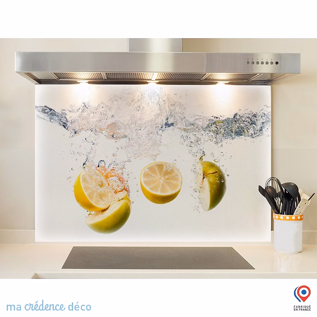 Crédence cuisine fond de hotte Bain de pommes et citrons – Verre trempé, L 90 cm x H 60 cm, MaCrédenceDéco