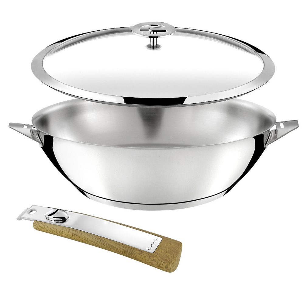 Eclipse | Set 1 wok 28cm inox avec couvercle – 1 poignée amovible effet bois