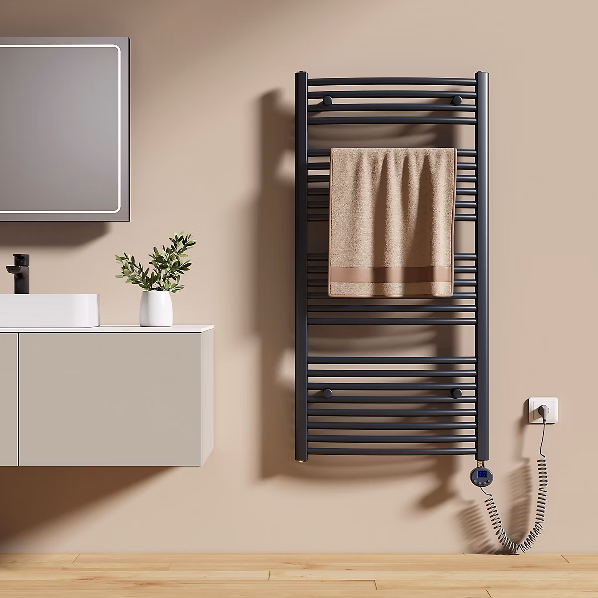 EMKE Sèche-serviettes électrique avec thermostat 120 × 60 cm – radiateur de salle de bain incurvé, gris anthracite, 600 watts