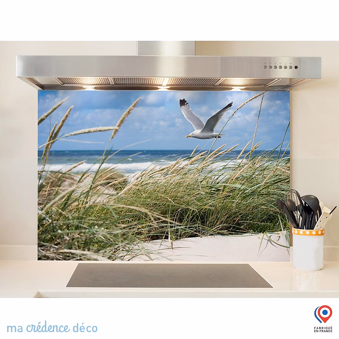 Crédence cuisine fond de hotte Dunes et mouettes 2 | Alu composite – L 70 cm x H 60 cm – MaCrédenceDéco