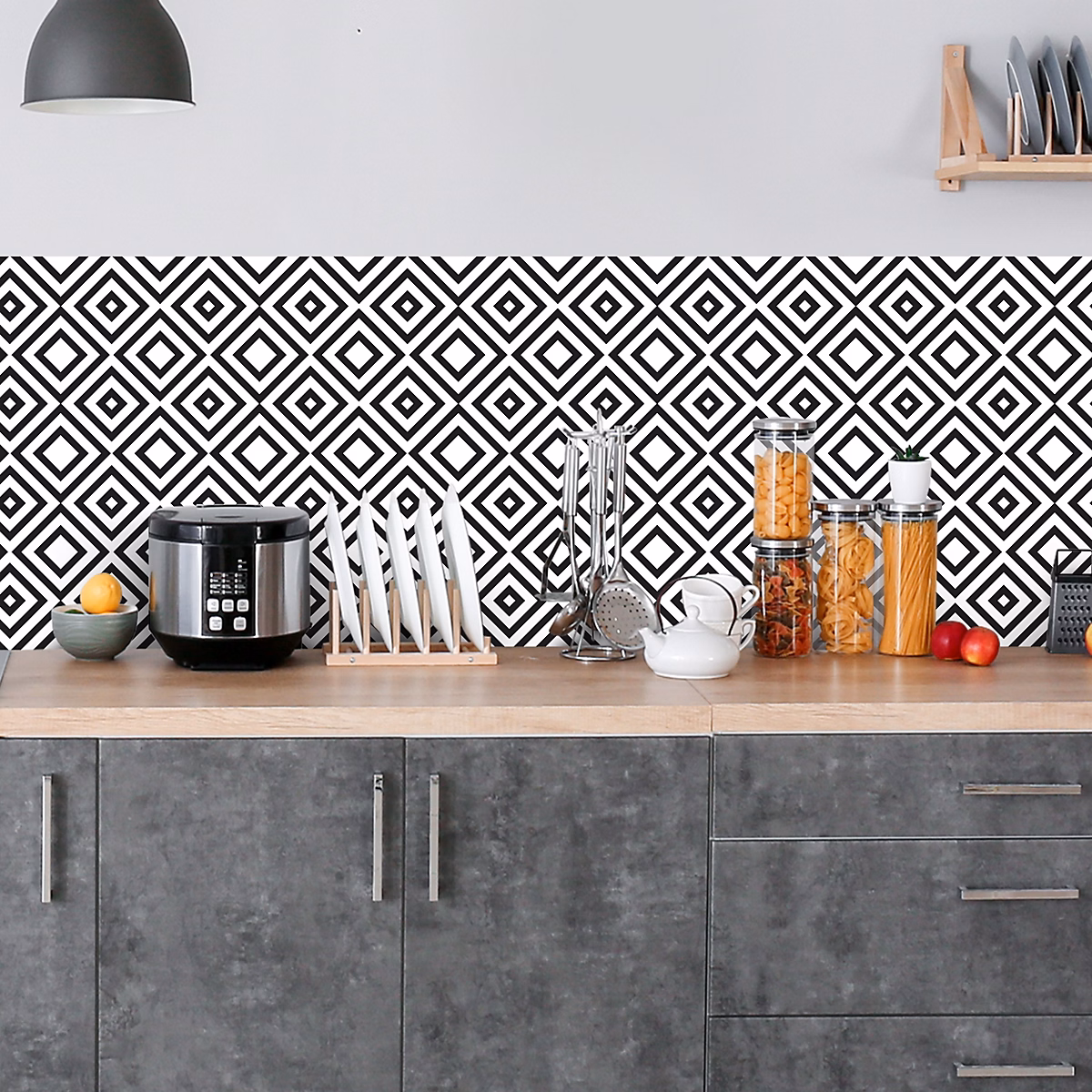 Crédence adhésive design géométrique noir et blanc – 50 × 200cm
