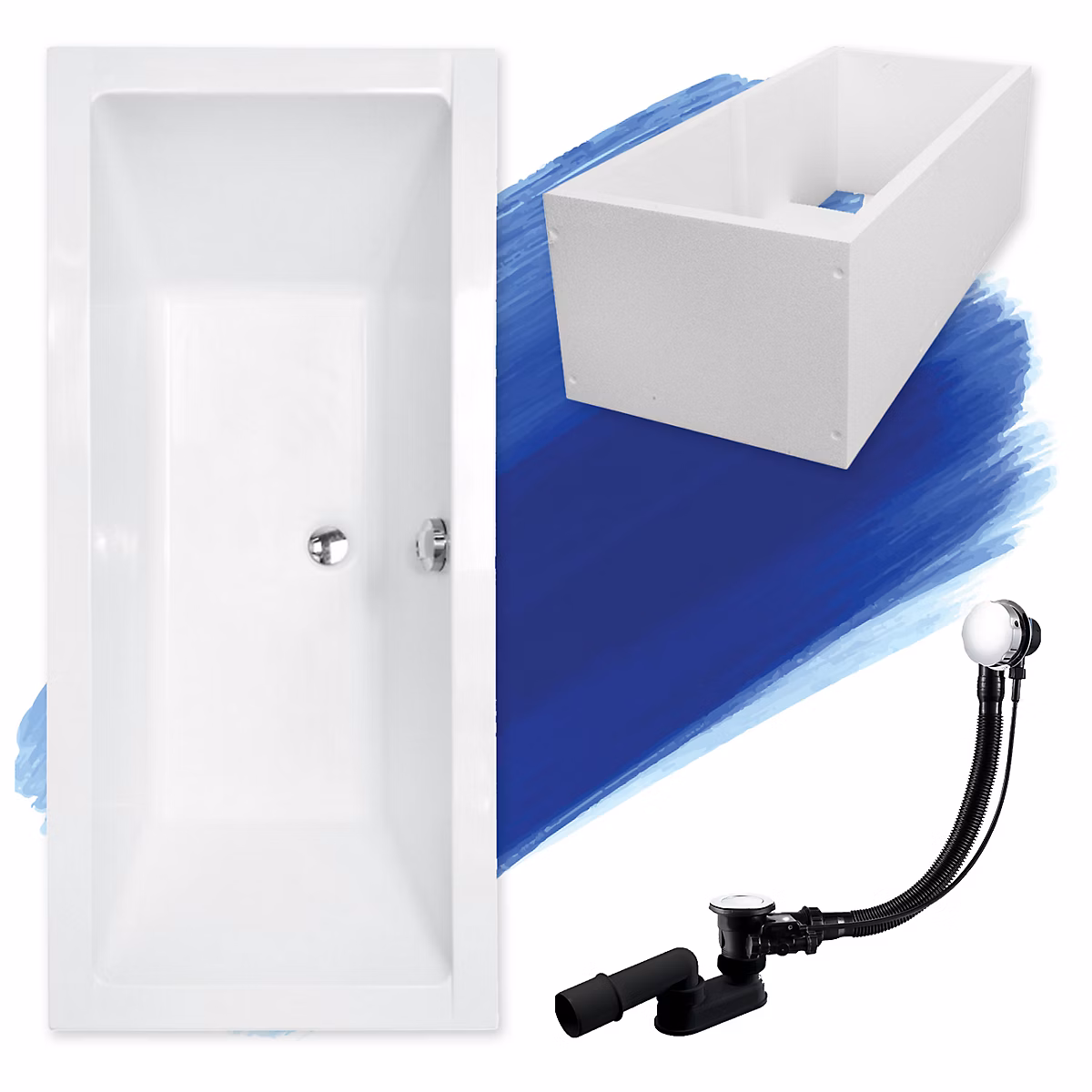 Baignoire rectangulaire 180 x 80 QUADRO acrylique blanc + Support stabilisateur en polystyrène + Pieds + Vidage à chromé | Baignoire