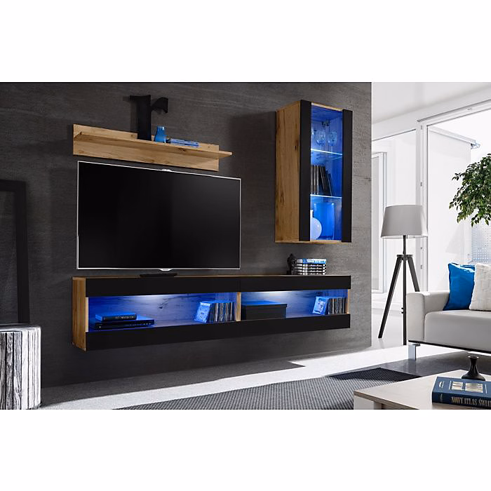 Ensemble Meuble TV Komodee TIVOLI SET5 – LED Bleues, Espace ouvert Wotan Noir 35 × 200 × 195 cm