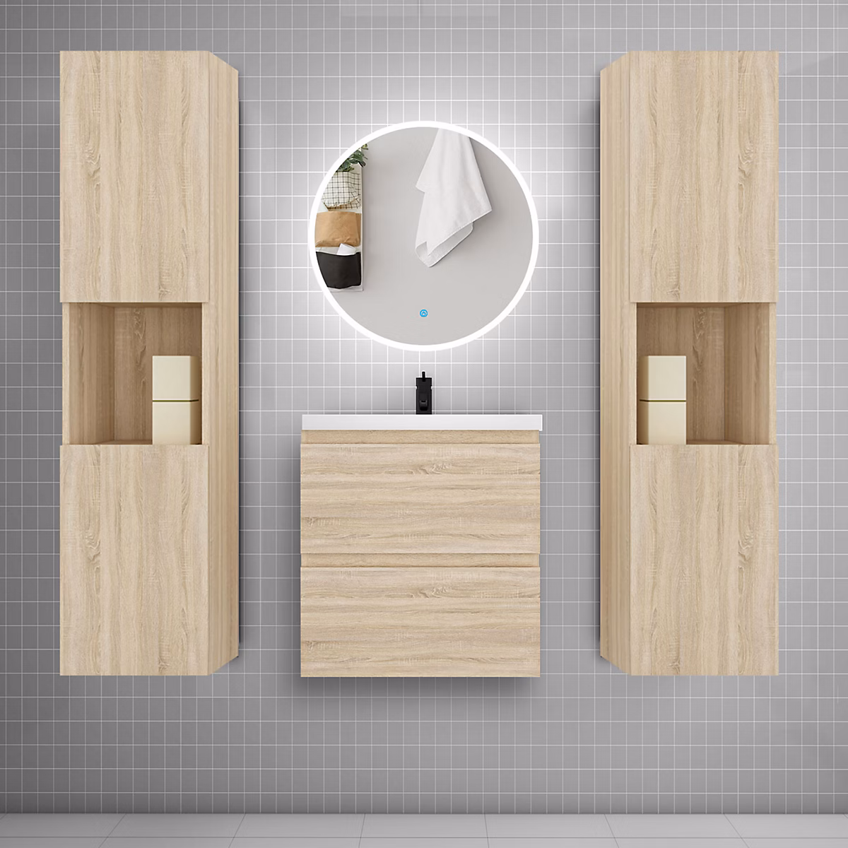 Ensemble meuble vasque L.50cm 2 tiroirs + lavabo + LED miroir rond 60cm + 2 colonne – chêne A