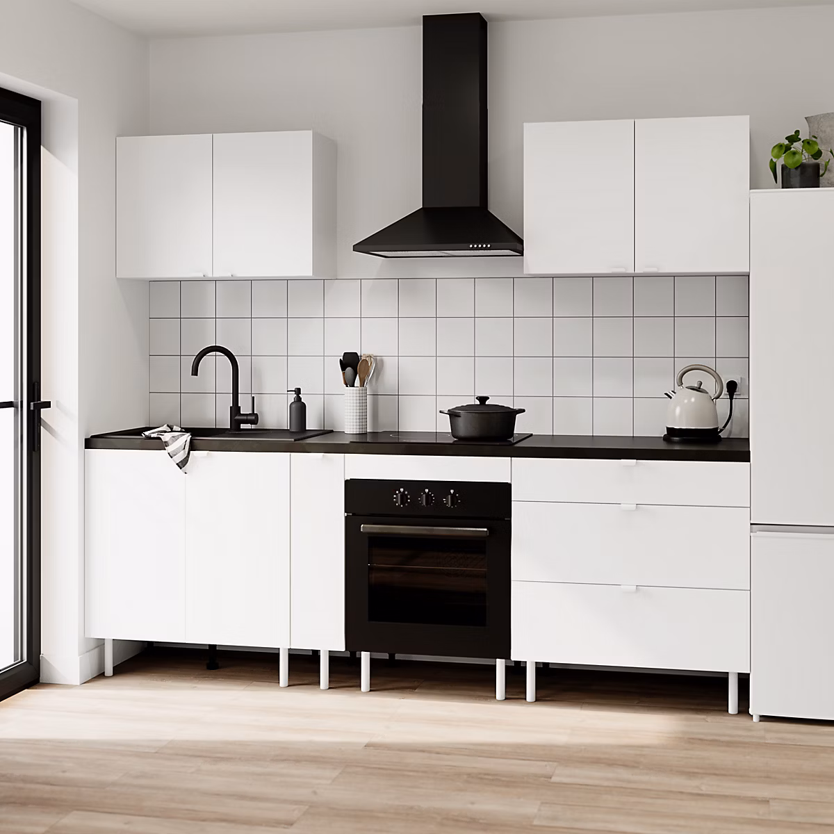 Cuisine complète Izee blanc 2 meubles hauts + 4 bas 3 tiroirs et 7 portes sans électroménager 240 cm | Cuisine