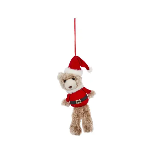 Décoration à suspendre ours en peluche beige avec habit Père Noël - 22 cm