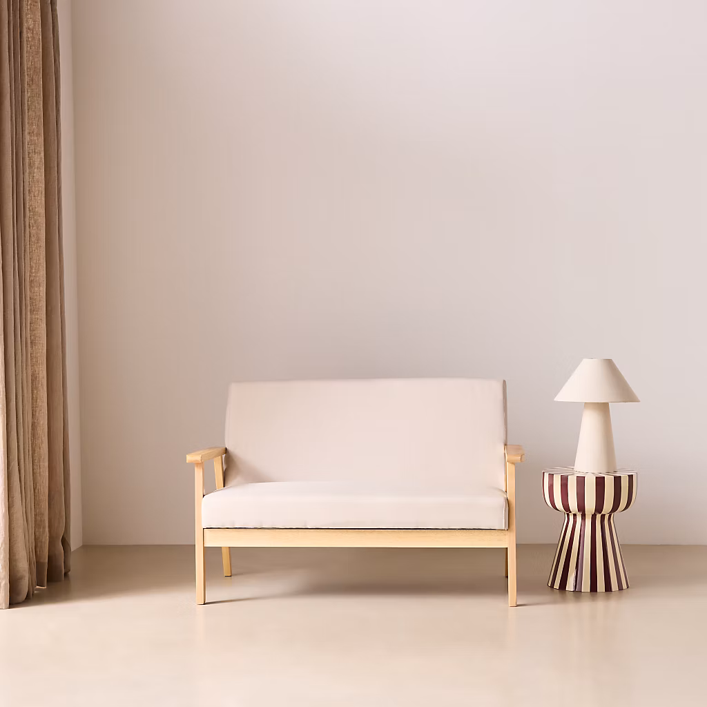 Banquette canapé en bois et tissu crème. Isak. L 114 x P 69.5 x H 73cm – Réf. RHGXOGBZY0902975837