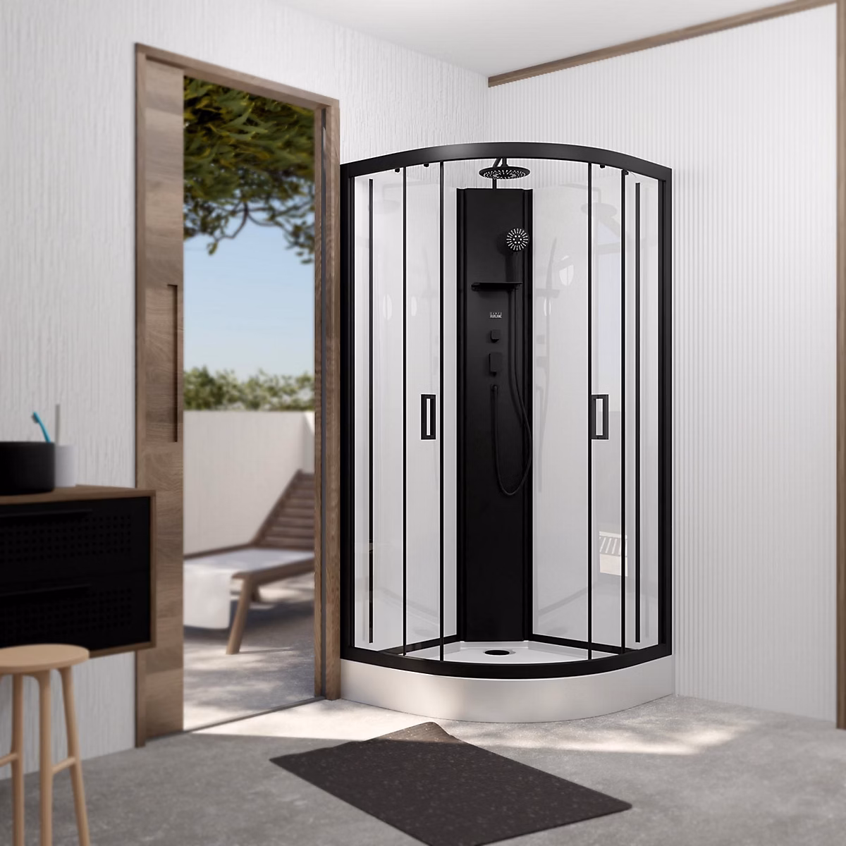 Cabine de douche 1/4 de cercle 85 × 85 × 210/235 cm – Receveur + Fonds Blancs / Colonne + Profilés Noirs