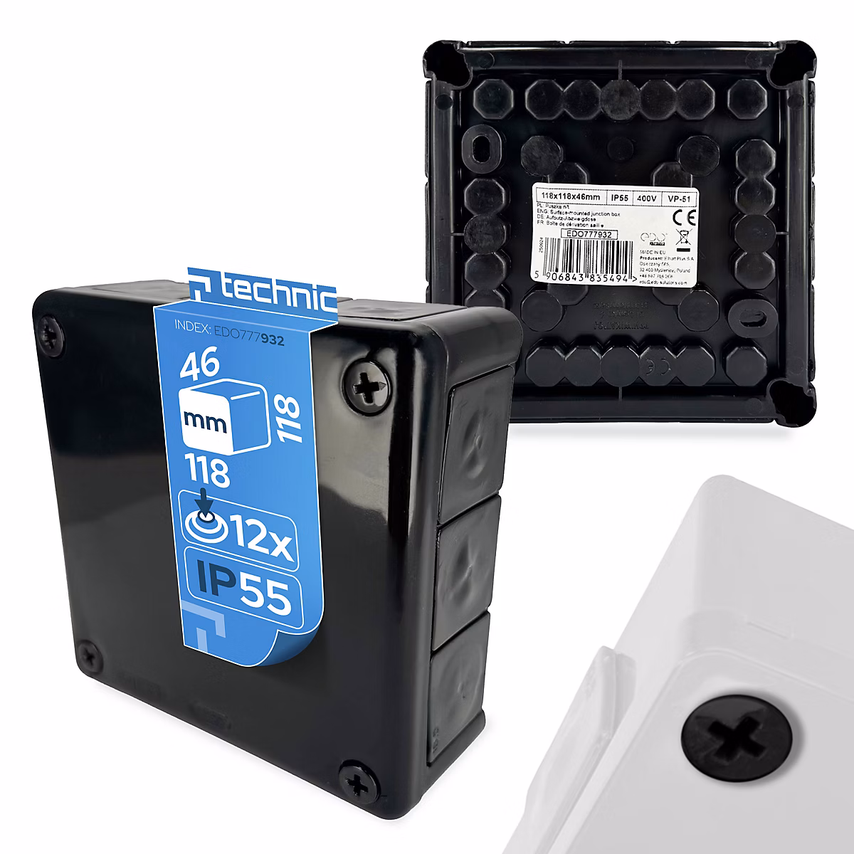 Boîte dérivation étanche en saillie IP55 118 × 118 × 46mm 12 entrées vis noir EDO