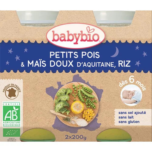 Pots de petits pois maïs et riz bonne nuit Babybio 2 x 200 g