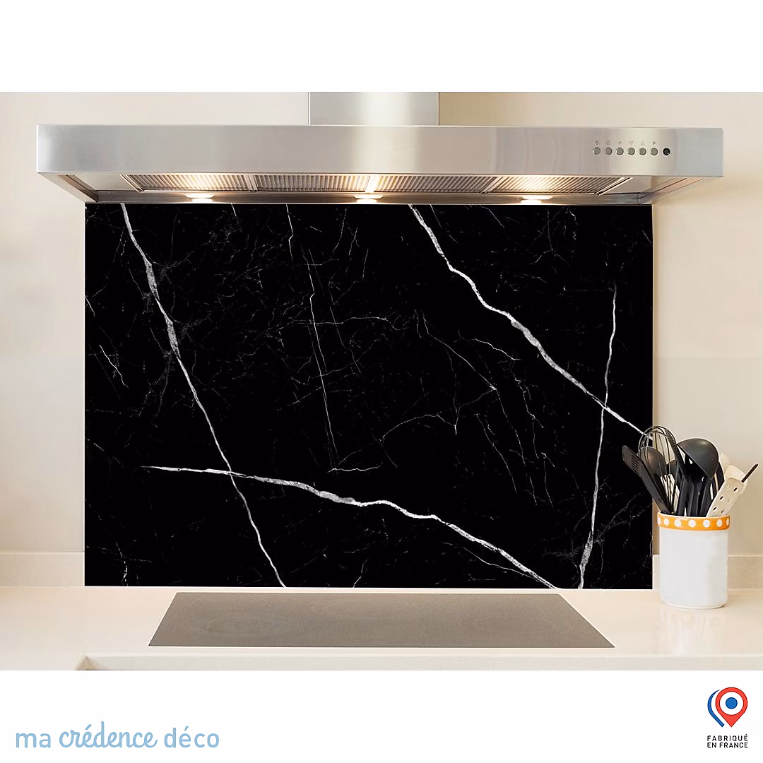 Crédence cuisine fond de hotte Marbre noir – Verre trempé, L 90 cm x H 60 cm, MaCrédenceDéco