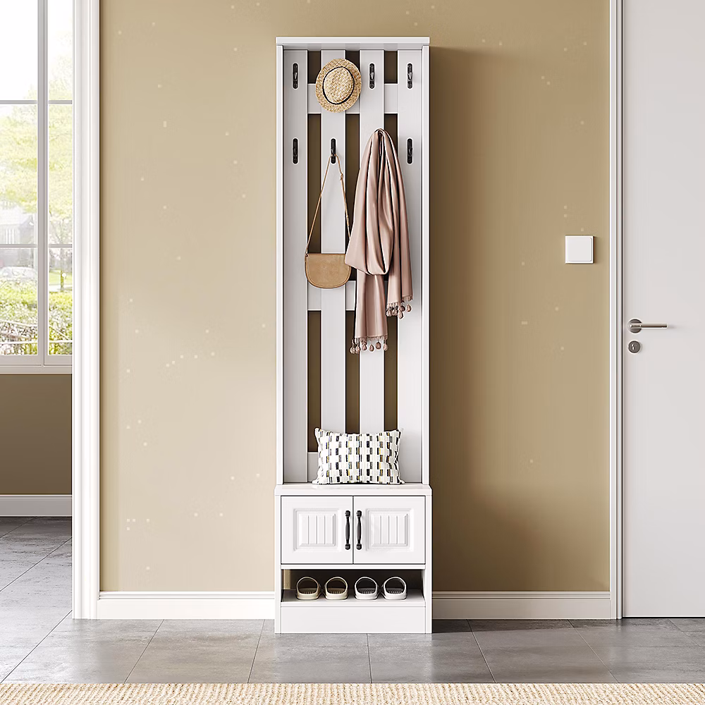 Banc à chaussures et armoire à chaussures – 50 × 36 × 190cm,blanc, 2 portes, panneau arrière, 8 crochets