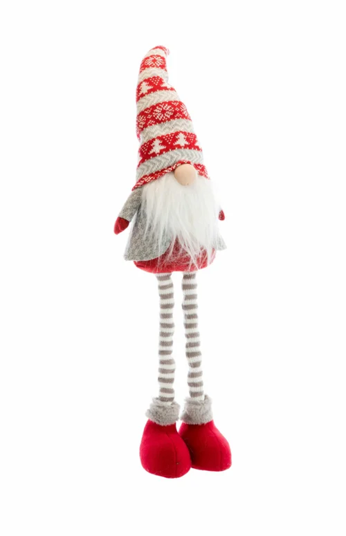 Gnome garçon debout traditionnel en tissu rouge avec chaussons télescopiques - 20 x 11 x 79 cm