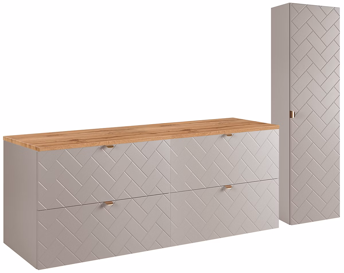 Ensemble meuble de salle de bains – Ensemble un meuble sous vasque 160 cm avec le plan CHÊNE et une colonne 35/136 cm à suspendre MADIS CACHEMIRE