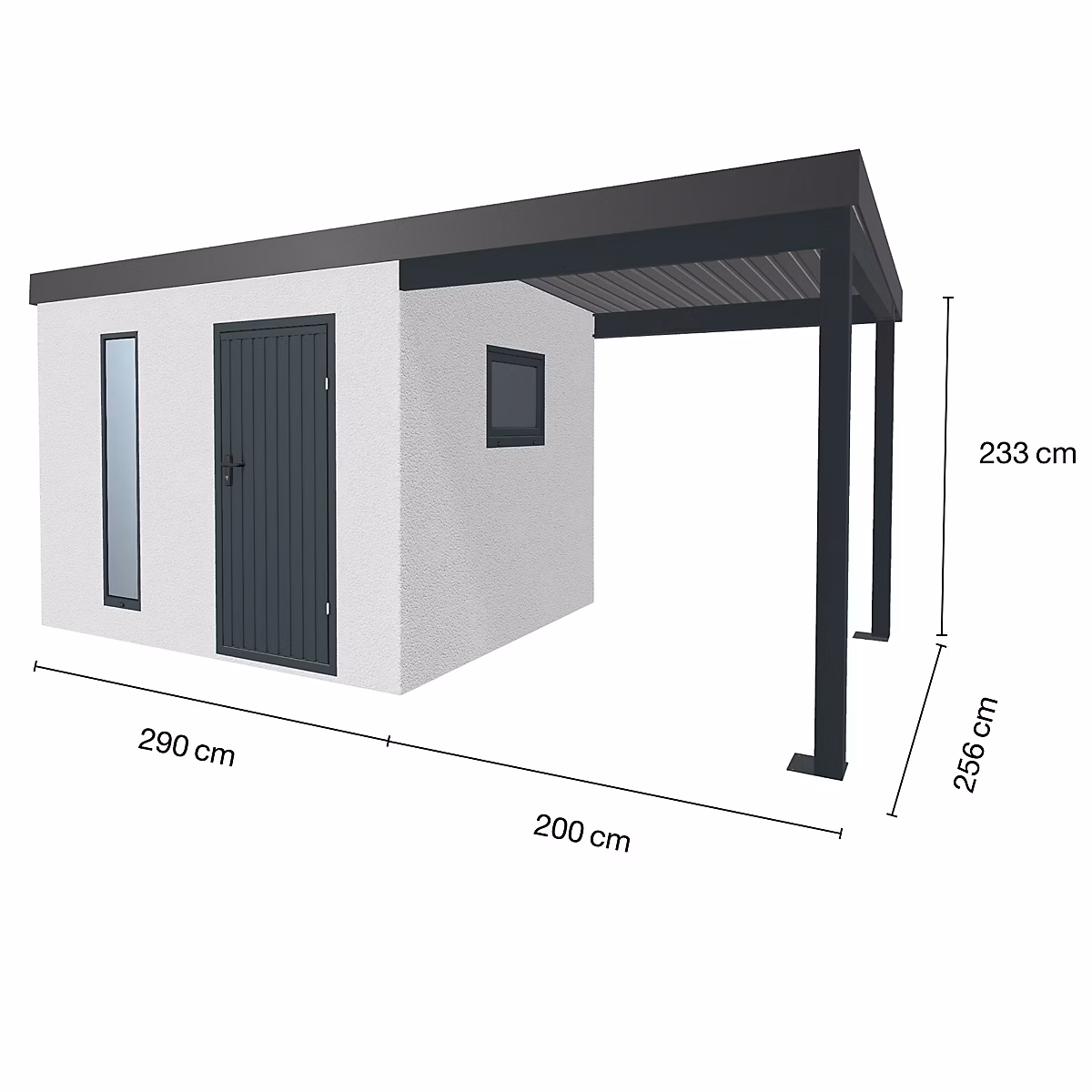 Abri de jardin en métal finition crépi 2900 × 2560 mm blanc avec auvent à droite 2000 × 2560 mm anthracite