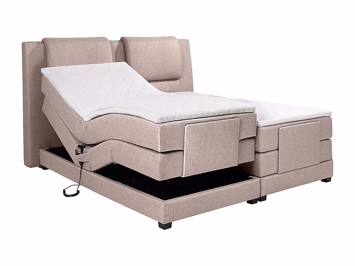 Ensemble complet boxspring tête de lit + sommiers relaxation électrique + matelas + surmatelas | 2 × 90 × 200 cm – Tissu – Beige