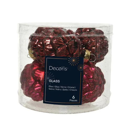 Boite de 6 pommes de pin verre brillant coloris rouge - Ø 5 cm