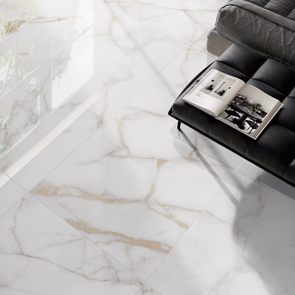 Carrelage sol et mur intérieur en grès cérame effet marbre blanc poli L.120 x l.60 cm x ép.9 mm – Reve