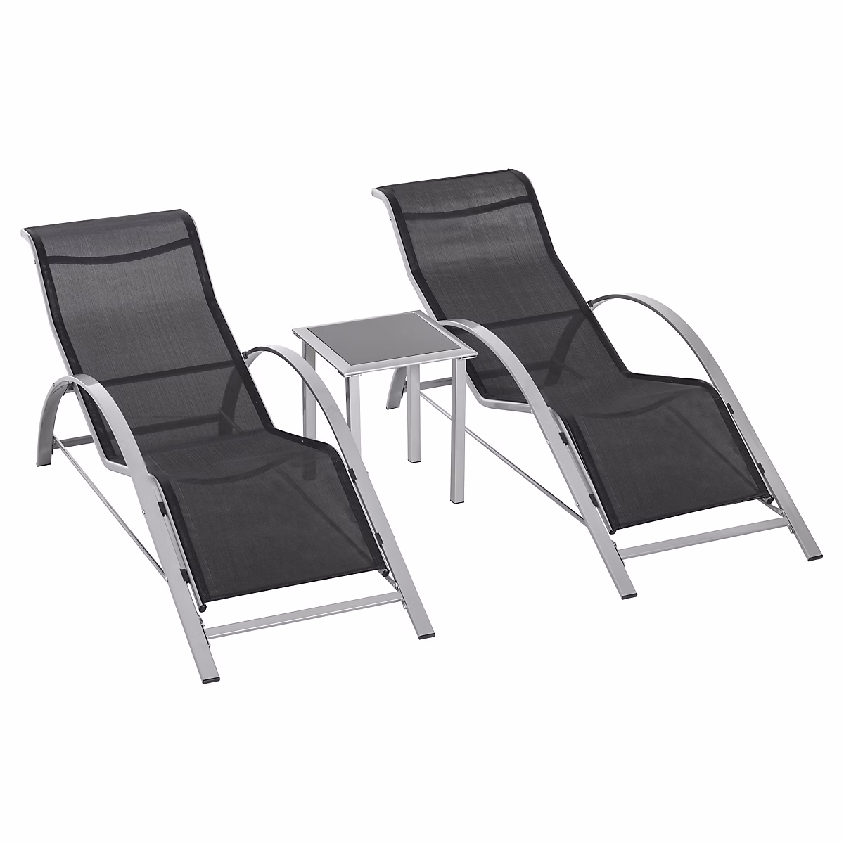 Ensemble jardin 3 pièces – 2 chaise longue en métal mesh noir+ 1 table, idéal terrasse et balcon