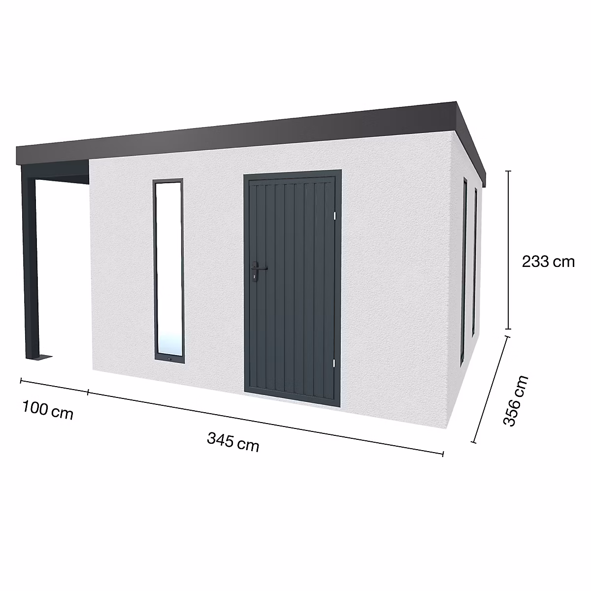 Abri de jardin en métal finition crépi 3450 × 3560 mm blanc avec auvent à gauche 1000 × 3560 mm anthracite