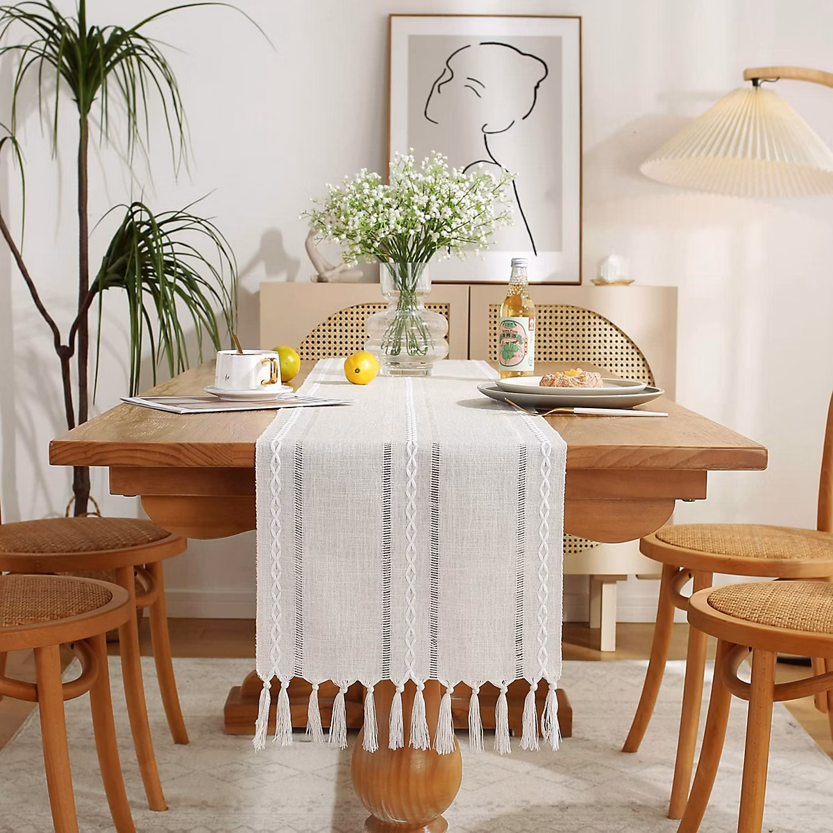 Chemin de Table Bohème Coton et Lin 33 × 150 cm Ivoire
