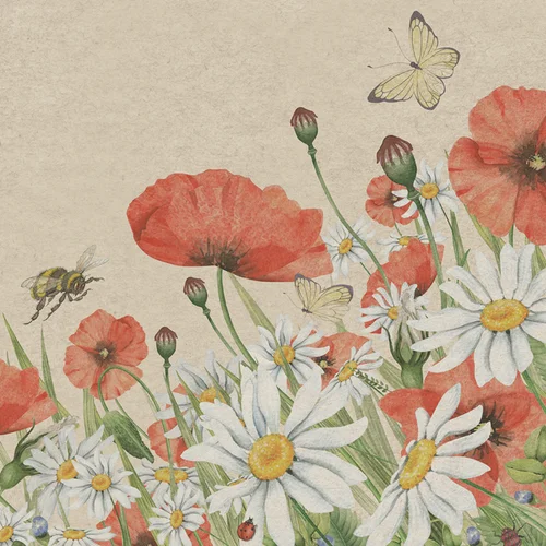 Serviette en papier recyclé 2 plis motif fleurs Floral Poppies x 25 - 33 x 33 cm