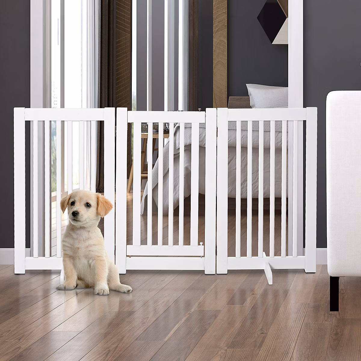Rongeur – Barrière de sécurité pour chien 155 cm en MDF blanc avec porte centrale